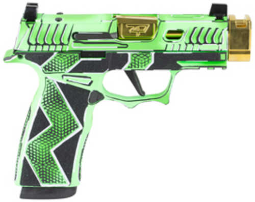 Sig Sauer P365X Komodo Anime, Striker Fired, Semi-automatic, 9MM, 3.1" Zaffiri Threadless Comp Barrel in High Polish Gold, Optic Ready, Komodo Aluminum Grip Module, Cerakote Finish, Dayglow Green, 17 Rounds, 2 Magazines 300-252-0409-14