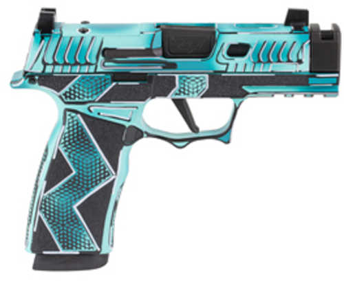 Sig Sauer XMacro Komodo Anime, Striker Fired, Semi-automatic, 9MM, 3.1" Barrel with Compensated Slide, Optic Ready, Komodo Aluminum Grip Module, Cerakote Finish, Dayglow Blue, 17 Rounds, 2 Magazines 300-258-0421-64