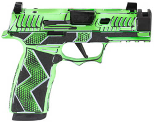 Sig Sauer XMacro Komodo Anime, Striker Fired, Semi-automatic, 9MM, 3.1" Barrel with Compensated Slide, Optic Ready, Komodo Aluminum Grip Module, Cerakote Finish, Dayglow Green, 17 Rounds, 2 Magazines 300-258-0421-14