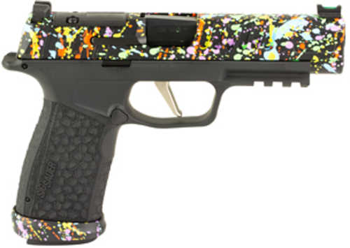 Sig Sauer P365 Fuse, Semi-automatic, Polymer Frame Pistol, Compact, 9MM, 4.3" Barrel, Cerakote Finish, Black with 80s Retro Neon Splatter Pattern, Sig Sauer LXG Grip, Fiber Optic Front and Low Profile Combat Rear Sights, 3 Magazines, (2)-21 Round Mag