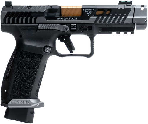 Canik TTI Combat 9mm Luger 18+1 4.60" Bronze PVD Ported Spiral Barrel Compensated, Smoke Cerakote Steel Optic Ready/Ported/Serrated Slide, Black Polymer Frame w/Picatinny Rail, Interchangeable Backstrap Grip