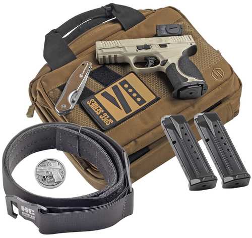 Smith & Wesson M&P9 M2.0 Spec VI Bundle 9mm Luger 15+1 4" Black Armornite Ported Barrel, Champagne Cerakote Stainless Steel Ported/Serrated w/Optic Slide & Aluminum Frame w/Picatinny Rail, Interchangeable Palmswell Grip, Aimpoint Acro P-2 Red Dot