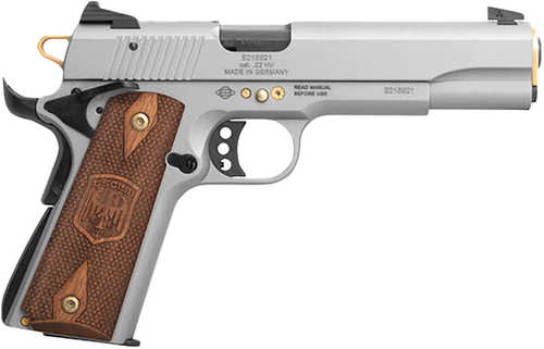 ATI GSG 1911 15 Year Anniversary Edition Full Size Frame 22 LR 10+1 5" Black Threaded Barrel, Frost Gray Serrated Slide, Frost Gray w/Gold Accents Zinc Alloy Frame, Light Wood Grip