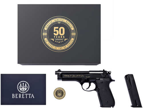 Beretta USA 92SB Repro 50th Anniversary 9mm Luger 15+1 4.90" Blued Barrel, Polished Blued Engraved/Serrated Slide, Polished Anodized Aluminum Frame w/Beavertail, Black G10 Grip
