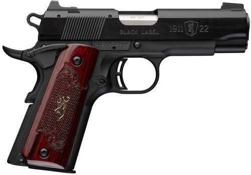 Browning 1911 Black Label Medallion Compact 22 LR 10+1 3.63" Matte Stainless Barrel, Black Anodized Aluminum Serrated Slide, Matte Black Polymer Frame w/Beavertail, Rosewood w/Gold BuckMark Inlay Grip