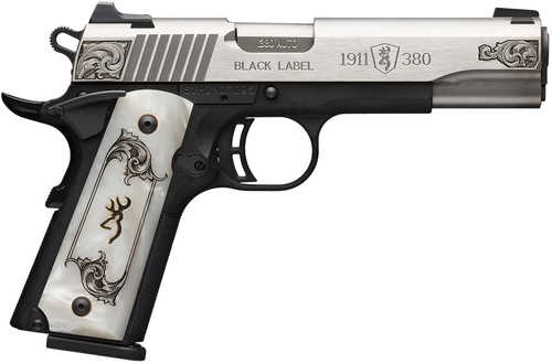 Browning 1911 Black Label Medallion Full Size Frame 380 ACP 8+1 4.25" Matte Stainless Steel Barrel & Serrated Slide, Matte Black Polymer Frame w/Beavertail, White Imitation Pearl Grip