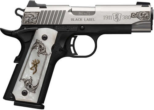Browning 1911 Black Label Medallion Compact 380 ACP 8+1 3.63" Matte Stainless Stainless Steel Barrel & Serrated Slide, Matte Black Polymer Frame w/Beavertail, White Imitation Pearl Grip
