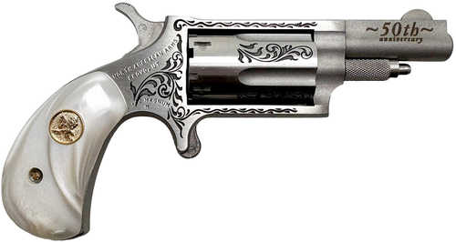 North American Arms 50th Anniversary 22 Mag 5 Shot 1.63" Matte Stainless w/"50th Anniversary" & Scroll Engraving, White Pearl Grip, Exposed Hammer