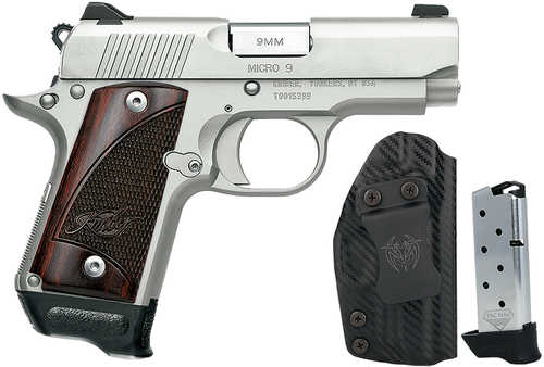 Kimber Micro 9 RTC-K Bundle 9mm Luger 7+1 3.15" Match Grade Barrel, Satin Silver Stainless Steel Serrated Slide, Satin Silver Aluminum Frame w/Beavertail, Rosewood Grip, 2 Tac-Mags & UM Tactical Holster