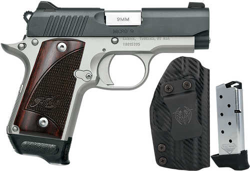 Kimber Micro 9 Two-Tone RTC-K Bundle Micro Frame 9mm Luger 7+1 3.15" Stainless Match Grade Barrel, Matte Black Serrated Steel Slide, Satin Silver Aluminum Frame w/Beavertail, Rosewood Grip, 2 Tac-Mags & UM Tactical Holster