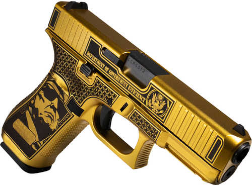 Glock G47 Gen 5 MOS D.O.G.E. Full Size Frame 9mm Luger 17+1 4.49" Black GMB Barrel, Glamour Glock Gold Cerakote Serrated Steel Slide w/D.O.G.E., Glamour Glock Gold Cerakote Polymer Frame w/Trump & Elon