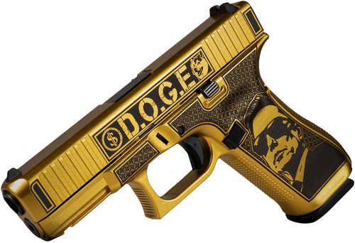 Glock G45 Gen5 9mm Luger 17+1 4.02" Black GMB Barrel, Glamour Glock Gold Cerakote Serrated Steel Slide w/D.O.G.E., Glamour Glock Gold Cerakote Polymer Frame w/Trump & Elon