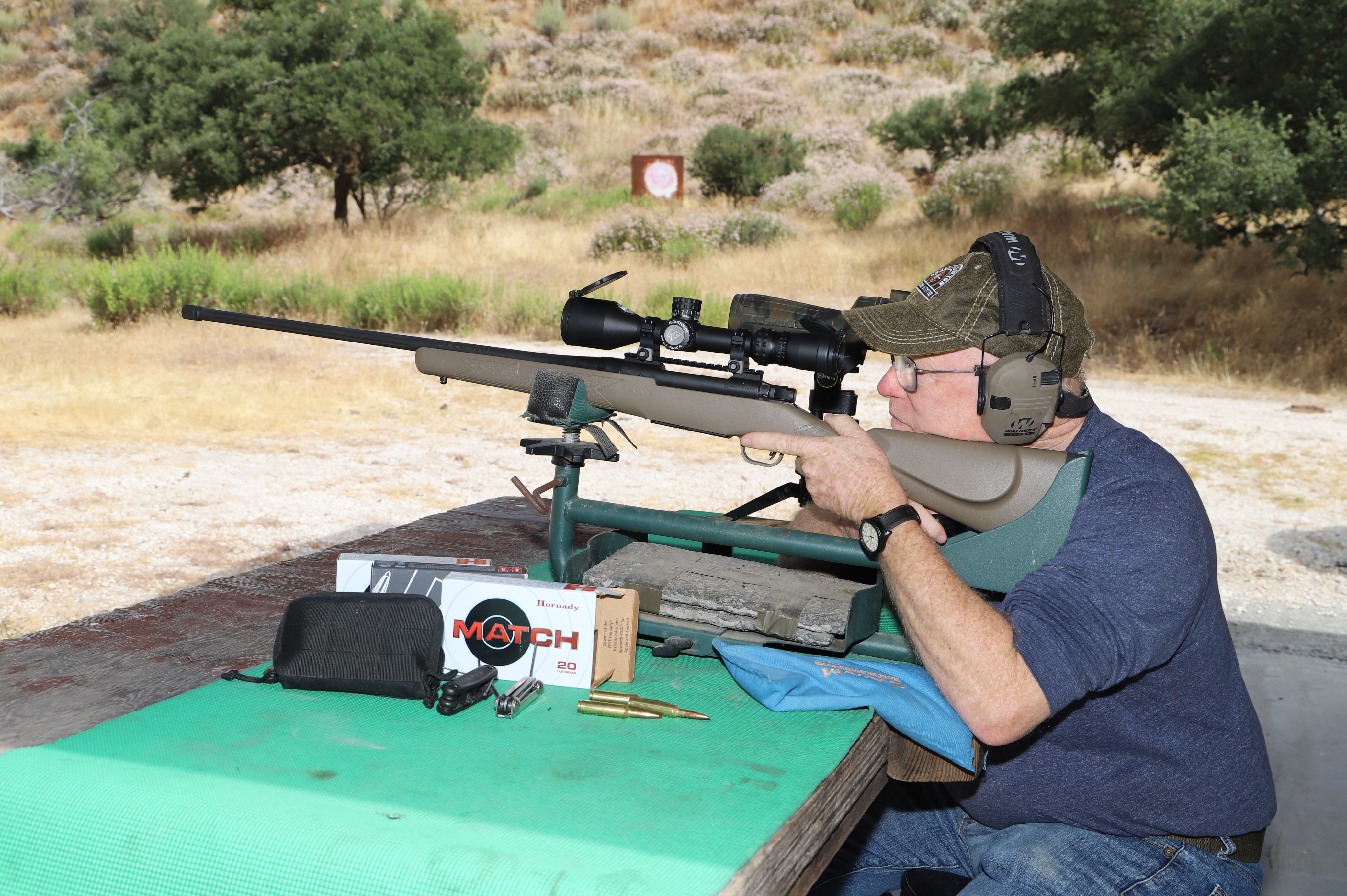On the bench with Boddington’s first 7 PRC, a Mossberg Patriot topped with Leupold VX6 3-18X. Boddington liked the cartridge well enough that he soon added a Flat Creek Precision 7 PRC with left-hand bolt.