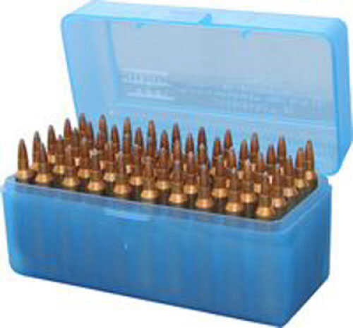 MTM Ammunition Box 50 Round Flip-Top<span style="font-weight:bolder; "> 375</span> Rem UM<span style="font-weight:bolder; "> 375</span> Weatherby Mag Clear Blue RLLD-50-24