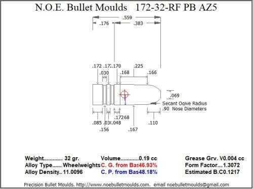 Bullet Mold 4 Cavity Aluminum .172 caliber Plain Base 32 Grains with Round/Flat nose profile type. Designed for the