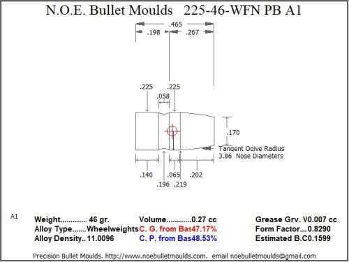 Bullet Mold 5 Cavity Aluminum .225 caliber Plain Base 46 Grains with Wide Flat nose profile type. Designed for the 2