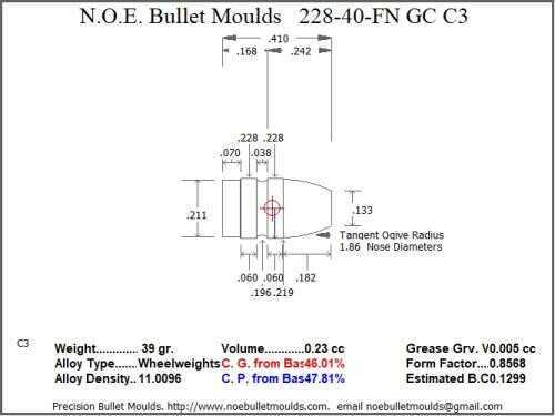 Bullet Mold 2 Cavity Aluminum .228 caliber GasCheck and Plain Base 40 Grains with Flat nose profile type. Designed