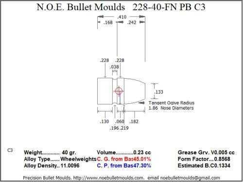 Bullet Mold 4 Cavity Aluminum .228 caliber Plain Base 40 Grains with Flat nose profile type. Designed for the 22 Hor