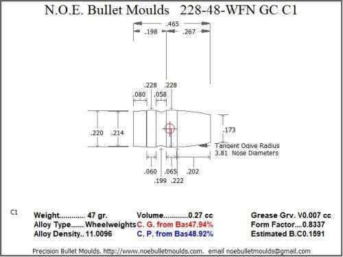 Bullet Mold 2 Cavity Aluminum .228 caliber GasCheck and Plain Base 48 Grains with Wide Flat nose profile type. Desig