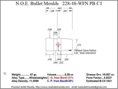 Bullet Mold 2 Cavity Aluminum .228 caliber Plain Base 48 Grains with Wide Flat nose profile type. Designed for the