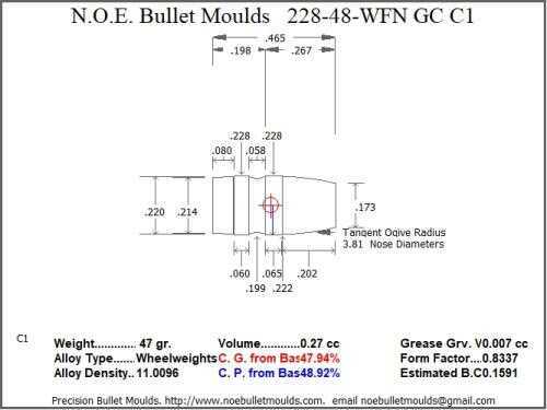 Bullet Mold 5 Cavity Aluminum .228 caliber Gas Check 48 Grains with Wide Flat nose profile type. Designed for the 22