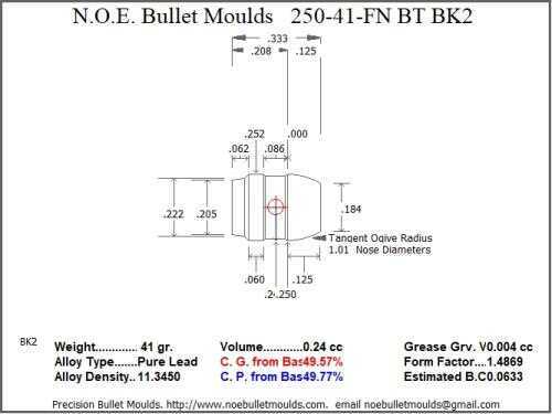 Bullet Mold 2 Cavity Aluminum .250 caliber Boat tail 41 Grains with Flat nose profile type. Designed for use in airg
