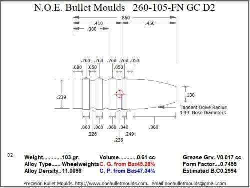 Bullet Mold 4 Cavity Aluminum .260 caliber Gas Check 105 Grains with Flat nose profile type. Designed for use in 257