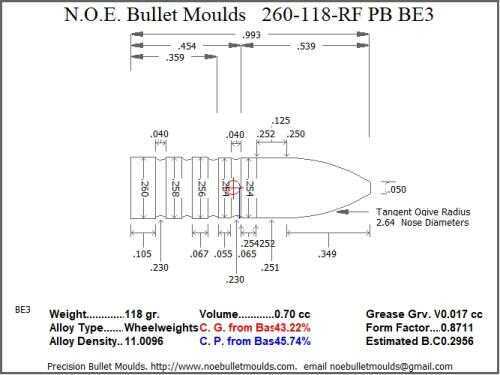 Bullet Mold 3 Cavity Aluminum .260 caliber Plain Base 118 Grains with Round/Flat nose profile type. Designed for use