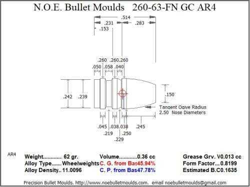 Bullet Mold 3 Cavity Aluminum .260 caliber Gas Check 63 Grains with Flat nose profile type. Designed for use in 257