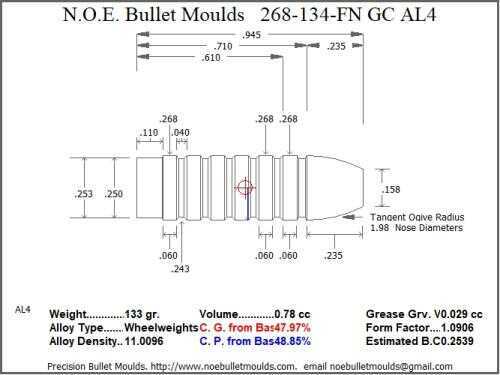 Bullet Mold 2 Cavity Aluminum .268 caliber GasCheck and Plain Base 134 Grains with Flat nose profile type. Designed
