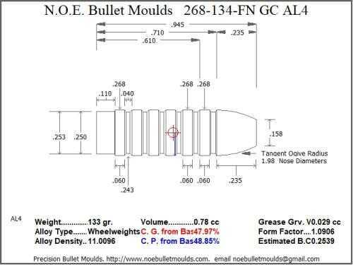 Bullet Mold 5 Cavity Aluminum .268 caliber Gas Check 134 Grains with Flat nose profile type. Designed for use in 6.5