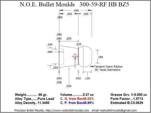 Bullet Mold 2 Cavity Aluminum .300 caliber Hollow Base 59 Grains with Round/Flat nose profile type. Designed for use