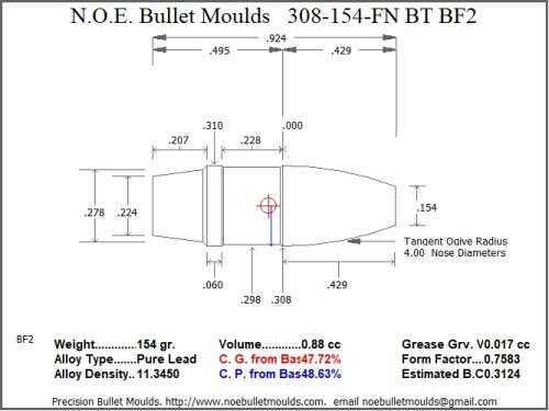 Bullet Mold 4 Cavity Brass .308 caliber Boat tail 154 Grains with a Flat nose profile type. Designed for use in 30-30