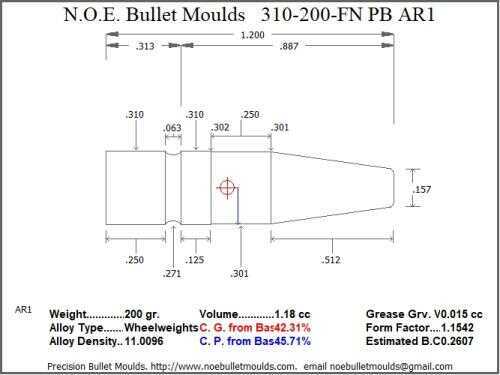Bullet Mold 2 Cavity Aluminum .310 caliber Plain Base 200 Grains with Flat nose profile type. An Egan MX2 designed