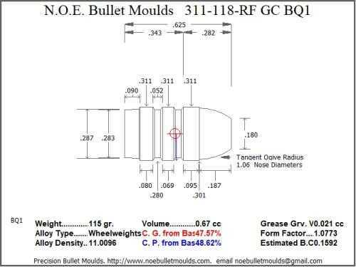 Bullet Mold 4 Cavity Brass .311 caliber Gas Check 118 Grains with a Round/Flat nose profile type. flat design