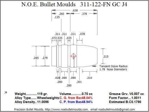 Bullet Mold 2 Cavity Brass .311 caliber Gas Check 122 Grains with a Flat nose profile type. classic design