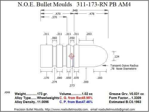 Bullet Mold 4 Cavity Aluminum .311 caliber Plain Base 173 Grains with Round Nose profile type. Designed for use in 3