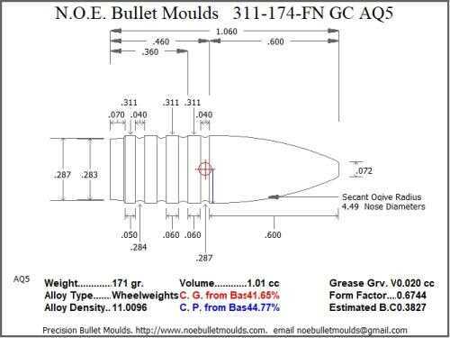 Bullet Mold 2 Cavity Aluminum .311 caliber Gas Check 174 Grains with Flat nose profile type. designed by ELCO