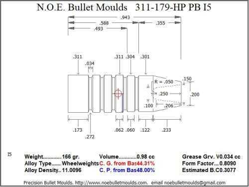 Bullet Mold 4 Cavity Aluminum .311 caliber Plain Base 179 Grains with Flat nose profile type. Our improved version
