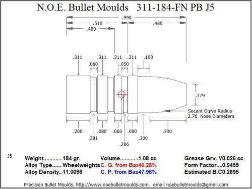 Bullet Mold 4 Cavity Aluminum .311 caliber Plain Base 184 Grains with Flat nose profile type. Designed for use in 30