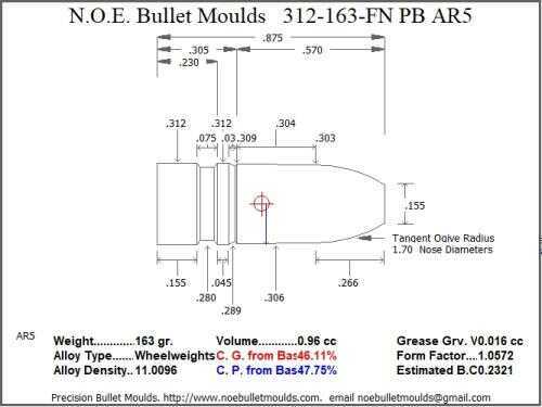Bullet Mold 2 Cavity Aluminum .312 caliber Plain Base 163 Grains with Flat nose profile type. Designed for use in 30