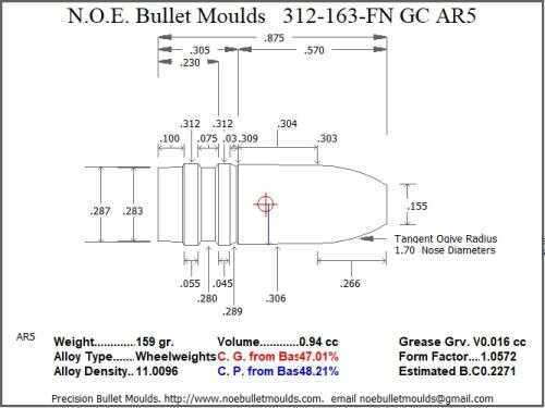 Bullet Mold 4 Cavity Aluminum .312 caliber GasCheck and Plain Base 163 Grains with Flat nose profile type. Designed