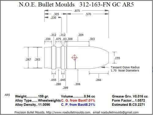 Bullet Mold 4 Cavity Aluminum .312 caliber Gas Check 163 Grains with Flat nose profile type. Designed for use in 30-