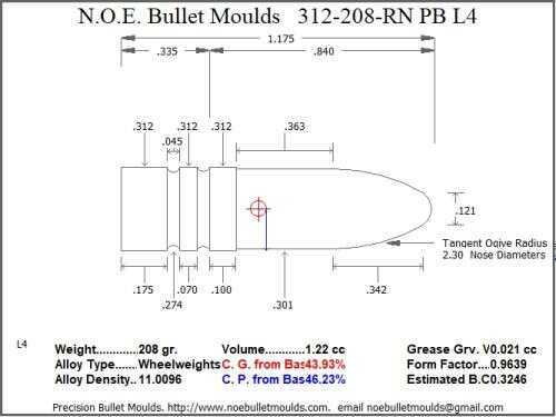 Bullet Mold 2 Cavity Aluminum .312 caliber Plain Base 208 Grains with Round Nose profile type. Designed for use in 3
