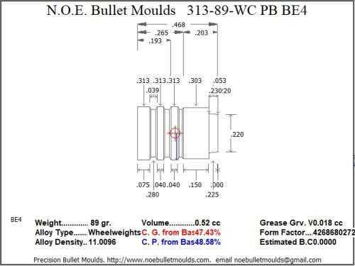 Bullet Mold 4 Cavity Brass .313 caliber Plain Base 89 Grains with a Wadcutter profile type. Designed for use in low