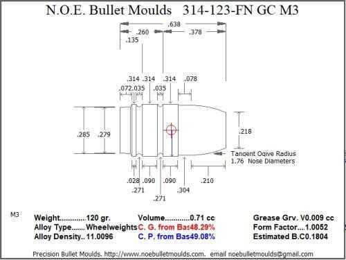 Bullet Mold 3 Cavity Aluminum .314 caliber Gas Check 123 Grains with Flat nose profile type. Designed for use in 7.6