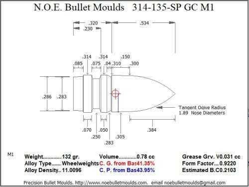 Bullet Mold 4 Cavity Aluminum .314 caliber GasCheck and Plain Base 135 Grains with Spire point profile type. Designe