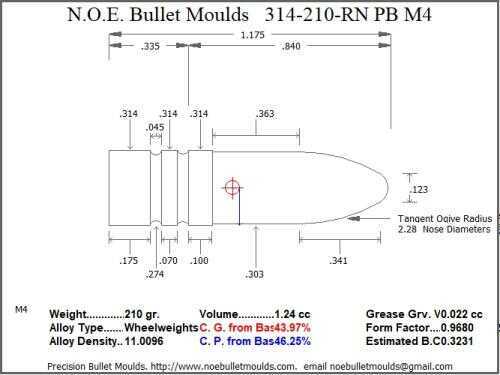 Bullet Mold 4 Cavity Brass .314 caliber Plain Base 210 Grains with a Round Nose profile type. Designed for use in 303