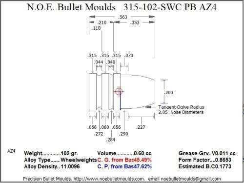 Bullet Mold 2 Cavity Brass .315 caliber Plain Base 102 Grains with a Semiwadcutter profile type. Designed for use in