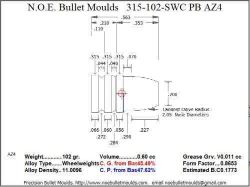 Bullet Mold 5 Cavity Aluminum .315 caliber Plain Base 102 Grains with Semiwadcutter profile type. Designed for use i